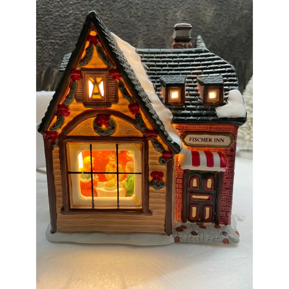 Christmas Delights FISCHER INN Hand Painted Porcelain Lighted House Village